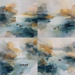 **<https://s.mj.run/SO2OO_Ztovg> <https://s.mj.run/ThhVcuKfLjY> layered abstract background on raw canvas, neutral colours, realistic ducks in the lake, misty --ar 3:4** - Variations (Strong) by <@1174607986799423548> (fast)