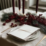 **<https://s.mj.run/szdxcsB2cP8> A white mockup invitation card. Elegant festive flatlay photo, holiday aesthetic. Red, deep green, beige color palette. Elegant Christmas --ar 3:4 --v 7.0** - Image #1 <@1038768977310121984>
