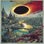 **woodcut tarot of versailles illustration of medieval castle with final black lunar eclipse with a fire halo, good and gentle dragon flying over, white border --ar 9:16 --p l2cb7pz --v 7.0** - Image #2 <@1054482006731395092>