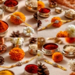 **A close-up photograph of a festive Raksha Bandhan setup on a soft beige background. A delicate yellow thread rakhi with silver bead accents is placed in the center, surrounded by a vibrant orange marigold flower, a small white jasmine flower, metallic silver containers filled with red kumkum and rice, and a pinecone for added texture. The lighting is warm and soft, giving a cozy and elegant festive feel, with a shallow depth of field that keeps the focus on the rakhi.** - Variations (Strong) by <@1331627685406965792> (fast)