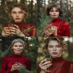 **Close-up portrait, Vogue beauty shoot. A striking, mature Slavic woman with defined features and intense eyes. She is in a Karelian forest, wearing a simple but elegant high-neck crimson dress. A subtle touch of pine sap on her fingers, she holds a clear glass with golden pine infusion. Focus on flawless but realistic skin, fabric texture, and atmospheric forest bokeh. Natural yet editorial lighting, style of Paolo Roversi. --ar 4:5 --v 6.0** - <@1267506165907066994> (fast)