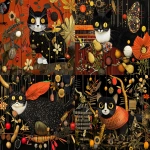 **a happy curious adorable parisian netsuke kitty cat exploring a crazy gold leaf nature jungle world of apple worm peanuts flowers birds cheddar cheese moth, tornadic scan lines by jack whitten --v 6.1 --p tn2xxqf --sref <https://s.mj.run/AruJD-ll-Ac> <https://s.mj.run/UYjfoh6TeLU> <https://s.mj.run/r8dknsmM5M0> <https://s.mj.run/5AbKvhD0Guc> --cref <https://s.mj.run/YLW5u05qWW0> --cw 22 --q 2 --ar 53:40** - <@1059292469474373672> (fast, stealth)