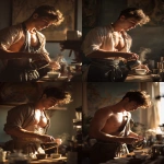 **a young boy inspired by Ganymede, working as a barista in a modern café, gently pouring coffee into a cup for a customer, wearing a loosely tied apron, fit and graceful build, nice chest, nice abs, warm morning sunlight, soft golden highlights on his face and arms, classical Greek design motifs subtly integrated into the café interior, cinematic photography, --ar 2:3** - Remix (Strong) by <@358254535862648853> (fast)