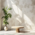 **The purpose of the image is to document furniture form only, not decoration. Studio-style interior photo for furniture catalog use. A single empty plant stand or pedestal centered in the frame. The pedestal is completely empty. No items on top. No plants. No decor. No accessories. No objects of any kind on the stand or surrounding surfaces. Minimal boho interior design. Light neutral palette (off-white, soft beige, pale wood). Simple plaster wall background. Clean floor or tabletop surface with nothing placed on it. Bright diffused studio lighting, flat, even illumination, no directional light, no visible shadows, low contrast. Symmetrical composition, centered framing, large negative space, product documentation photography style, furniture design catalog aesthetic, DSLR quality, 50mm lens. --ar 4:3 --v 6.0 --chaos 0.5 --raw** - Image #4 <@1090435486935433258>