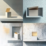 **a dot-matrix patterned, print design (with photorealism) of a single open box on an empty shelf, symbolising letting go and clarity - in grey, white, and soft citron --ar 2:1 --v 6.1** - <@391763492304060418> (fast)