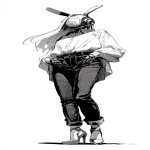**A full-body black-and-white illustration in a vintage anime style. The person has long hair flowing down their back and is wearing an oversized shirt. Underneath, they are wearing tight dark-colored jeans and high heels. Their head is a rabbit robot. --ar 29:64 --v 7.0** - Image #4 <@852041915598635039>