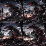 **In the woods, a dragon monster was burned. 282313 Anime, perfect details, glossy, anime style, HD 32k --ar 3:5 --raw --sref <https://s.mj.run/C4LBTfT22GA> <https://s.mj.run/kIk1DMj5RxA> <https://s.mj.run/qqPwqlnbEws> --sw 100 --stylize 700 --iw 0 --niji 6** - Variations (Strong) by <@409716268476923920> (fast)