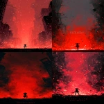 **tiny silhouette of Harley Quinn standing in the middle of a vast shattered city street, glowing red smoke and sparks filling the air, her bat dragging along the ground leaving a red streak, chaotic and cinematic "little person big space" style, emotional and striking, space for lyrics --ar 9:16 --v 7.0** - <@257221362568003584> (fast)