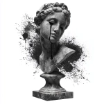 **Design a greyscale, hyper realistic, female, Greek stone bust, with stand, hyper realistic stone texture, head slightly angled, liquid dripping from the inner corners of eyes, ink splatter background, overall the design is vertically elongated and taller than it is wide ) --v 7.0** - Image #3 <@1116424656908464158>