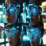 **Cinematic medium close-up shot of a person in 2063 wearing sleek futuristic AR glasses with transparent holographic heads-up display, glowing blue and white UI elements projected in front of their eyes showing "GENESIS 7" branding and ethereal silhouettes of past and future family members, soft cyan and amber light reflecting on their face, sterile minimalist future interior, subtle surveillance cameras visible in background, cool color palette with warm accent lighting, photorealistic, blade runner aesthetic mixed with black mirror, shallow depth of field, 8k, hyper detailed, cinematic lighting, anamorphic lens flare --ar 16:9 --v 6.0 --raw** - Variations (Strong) by <@840369007764832267> (relaxed)
-# Create, explore, and organize on [midjourney.com](<https://midjourney.com/imagine?from_discord=1>)