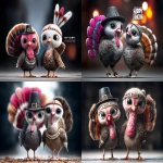 **<https://s.mj.run/QUHiL0Tz6Hk> 2 cute extremely soft and fuzzy miniature felt Thanksgiving turkeys with colorful tailfeathers and waddles. one is wearing a pilgrim costume with black buckle hat and black suit, the other one is dressed like an Indian with a feather headdress "HAPPY THANKSGIVING!" is written in bold font on banner above --chaos 33 --ar 5:4 --p f6gpn1a --stylize 999 --iw 0.9 --v 7.0** - <@688195114849271814> (fast)