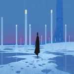 **a woman in a black coat walks on a frozen lake. white pillars with lights inside stand around the lake, and behind it is a tall church with a blue roof at night, in the minimalist anime style. --ar 128:71 --v 7.0 --p mwpi95x** - Image #3 <@451473582770618389>