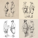 **Line drawing. Two men in period costume facing a bottle from 1664. They are standing and looking at each other.** - <@427585336424661004> (relaxed)