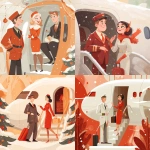 **Pilot and stewardess greeting people on the airplane steps, invite you into the salon, hospitality, cute commercial illustration in light white, beige, orange and bright red tones, add Christmas atmosphere and snow --v 7.0** - <@1178911175929499672> (fast)