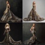 **a dramatic gold and silver trumpet gown with textured circular skirt worn by a beautiful young woman with lush shoulder length blonde hair. Hd** - <@1327691479602298971> (relaxed, stealth)