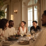 **Portrait of friends at a dinner table in a luxury apartment, French neoclassical style. They are between 39 and 45 years old, all wearing minimalist clothing in neutral tones, casually drinking wine. They are a diverse group: a dark-skinned Black woman wearing an elegant off-white dress with braided hair, an Asian man, and a white woman and man. The setting is a dining room with large windows, high ceilings, soft lighting, and a relaxed atmosphere.** - Image #1 <@1128428931243057244>