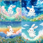 **A colorful and bright fairytale-style illustration, a large cute white rabbit smiling and hopping in the center, background with blue sky and fluffy clouds, green meadow with blooming flowers at the bottom, soft watercolor texture, gentle line art, cheerful and warm, in the style of a Japanese children's picture book cover, square format, suitable for a music album jacket** - <@1212945075831836692> (relaxed)