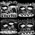 **Six of Cups tarot card by Sarah Andersen. The image is black and white and depicts two people working in the city ground with four cups filled with flowers on display in front of them. The woman is wearing dress , while her brother wears ancient outfit. The brother is tending a chalice with flowers to his sister and there is a flower vase behind him. There is an old stone houses and buildings in background. all set against a black background, and the overall design is simple yet striking, in the style of Sarah Andersen. --ar 3:5 --v 7.0 --p fllp7es** - Variations (Strong) by <@409716268476923920> (fast)