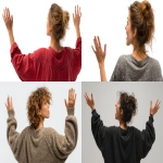 **a woman with one hand reaching up for something from back view, with mad expression, with clean white background --ar 16:9 --v 7.0 --s 250** - <@1099146359967338649> (relaxed)
