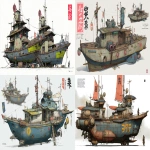 **a dnd style concept art of two feudal japan wooden and old iron solar punk ship boat, mad max boat, waterworld raft, have different number in the hull, same size but not identical, dark industrial scifi style, labeled as fisherman best ships, white-navy color with small hi-viz lime and red hazard markings, mechanical details, Japanese characters graffiti on the hulls, realistic look, moody atmosphere, a little bit foggy, signal towers, various size nobori, have japanese anime mural on the hulls, signal cabbles, on a white background in the style of Studio Ghibli and Makoto Shinkai, cel-shaded, full-body, cartoon, 2D game art --ar 11:5** - <@1043498067623686144> (fast)