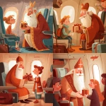 **Saint Nicholas gives a gift to a child in the airplane cabin, a cute commercial illustration in light orange white and bright red tones, adding an atmosphere of Christmas and magic --v 7.0** - <@1178911175929499672> (fast)
