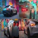 **3d render of a silver-grey sports car with taillights, the background is a colorful wall mural, perspective view, high resolution, high details, octane rendering, v-ray engine, ray tracing. --ar 128:71** - <@1399228740487086292> (relaxed, stealth)