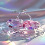 **a highly detailed crystal cherry art piece, shaped like a pair of cherries made entirely of translucent gemstone, iridescent rainbow reflections, sparkling diamond-like textures, placed on a clear glass plate, surrounded by crystal droplets, soft pastel lighting, dreamy glossy aesthetic, hyper realistic photography, fantasy luxury concept --ar 9:16** - Image #2 <@1240240057374478349>