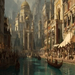 **A golden-ornamented merchant palace rising over Ilrien’s canalfront, lined with exotic goods, silk banners, and armored gondoliers unloading lavish cargo. Fine-robed nobles and accountants pass beneath gilded arches, abacuses and scrolls in hand. Intricate carvings, merchant sigils, and guarded vault doors suggest immense wealth and quiet menace. Venetian-Byzantine architecture, dramatic overcast lighting, opulent but restrained color palette, cinematic framing --ar 2:1 --v 7.0** - Image #4 <@197135255692509185>