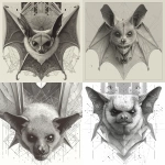 **A large, majestic bat hanging upside down, hidden within its wings, with only part of its mischievous face visible, its gaze conveying an intense expression. Anatomy inspired by the fruit bat, illustrated in a black, white, and gray color palette with rich grayscale nuances. Highly detailed line art, ink illustration style. The composition is geometric and partially deconstructed, with fragmented shapes and sharp angles projecting outward. easy drawing design, dynamic energy, aggressive motion, abstract geometric dispersion, high-contrast monochrome illustration, modern street art aesthetic, ultra-detailed, dramatic lighting, white background. --v 7.0** - Variations (Region) by <@1068240844349509652> (fast)