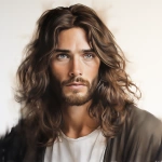 **on a white background, color chalk drawing of a very beautiful model man portrait with long dark brown shouler length hair and deep warm captivating eyes, staring at me looking like Jesus Christ, and God --v 5.2** - Upscaled (2x) by <@1037958970922512454> (fast)