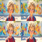 **a medium shot of a realistic illustrated happy 7-year-old Caucasian male student from America, they have a well-defined nose and a well-defined jawline, they have green eyes and curly blonde hair, they stand with their head and neck and shoulders completely square to the camera and facing forward, their entire body is facing forward, they wear a backpack, they have headphones on their head, they stand in front of a white wall with bright graffiti art spray painted on it, it is daytime, the sun is shining bright, high-definition, anime-style, --ar 16:9 --niji 6** - Variations (Subtle) by <@1065025086664474674> (relaxed)