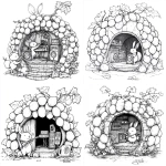 **A whimsical music studio built inside a giant grape cluster, round and glossy with smooth grapes forming curved walls. The front is cut open to reveal a small stage with a microphone and speakers. The rabbit stands singing into the microphone, while the fox adjusts the sound mixer nearby. A few grape leaves and vines decorate the doorway. Black and white coloring book line art, thick clean outlines, no shading, minimal background, easy to color. --v 6.1** - <@1426448926453530644> (relaxed)