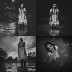 **a black and white photo-realism of a young girl, in ragged white dress, and heavy, dark makeup. she is standing in ankle deep water, looking upwards and grinning. eerie, unsettling. --v 7.0** - <@376196082390138880> (fast)