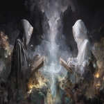 **A surreal allegorical scene, two opposing figures one in a dark, veiled cloak holding ancient scripts etched in soot, the other in a luminous glass cloak carrying silver-spined books facing each other across a fractured landscape, light and shadow blending into a single point of radiance, symbols of witches, druids, and indigenous peoples woven subtly into the terrain, nature intertwined with futuristic technology, ethereal, high detail, cinematic lighting, painterly texture, dramatic contrast, mystical and political undertones --ar 16:9 --v 7.0 --q 2** - Image #1 <@876267919003238460>