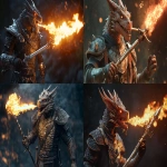 **a d&d dragonborn character, holding a sword and a scepter in each hand, breathing poison fire from his mouth, full body image, full scale image, epic, intense, action scene, 8k, 8k vivid, 8k ultra detailed, 8k ultra realistic, 8k cinematic, 8k hyper detailed, 8k hyper realistic, 8k photo realistic, 8k insanely detailed, 8k insanely realistic, 8k ultra high definition, 8k hyper high definition, 8k insanely high definition, 8k movie quality, --ar 16:9 --v 6.1** - <@413009047789240321> (fast)