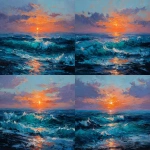 **Palette knife abstract painting with thick oil textures, depicting a sunrise over the sea. The scene features blue-green ocean waves and the warm orange-red glow of the rising sun. The artwork emphasizes bold, heavy paint application with strong depth, rich layering, and highly textured details, creating a dynamic and dimensional visual effect. --ar 16:9** - Variations (Strong) by <@1087015770053148784> (fast)