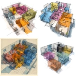 **a sketchy floor plan with transparent coloured blocks to show programming** - <@999895176619237436> (fast)
