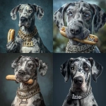 **Female great dane, with blue merle coat. Hyper realistic, holding a hotdog with her paws wearing a diamond chain around her neck that spells out "Izzie" make her outside too, full body shot** - <@1144379410347204758> (fast)
