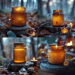 **A 2 oz amber glass salve jar glowing with warm golden balm inside, resting on an altar of autumn leaves, oak branches, dried mugwort, and carved Celtic knot patterns etched in stone. A smoky quartz crystal glows faintly beside the jar. Mist rises in the background with a dim Celtic firelight flicker. Hyper-realistic, moody photography, no text. --v 6.0 --s 750** - <@1090630909448949831> (fast)