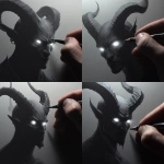 **Design a greyscale hyperrealism, shadow figure with glowing white eyes and horns** - Variations (Strong) by <@1116424656908464158> (fast)
-# Create, explore, and organize on [midjourney.com](<https://midjourney.com/imagine?from_discord=1>)