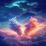 **A pair of angelic wings floating in the sky, surrounded by clouds and sunsets, in a cartoon style with cute, dreamy colors, suitable for a wallpaper or mobile phone background. --v 6.0 --s 250 --ar 46:103** - Image #1 <@756269320539209761>