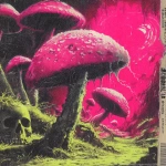**early 1970s horror B-movie poster style UK bassline cover art, acid rave theme, dripping random objects with tongues out and sweat, chaotic mushrooms, exaggerated lighting, VHS grain, neon green and pink palette, hand-painted airbrush textures, campy sci-fi horror vibe, glowing outlines, dramatic composition, inspired by Phatworld, Mozey, Interplanetary Criminal, --ar 1:1 --v 7.0 --s 850 --q 2 --raw** - Image #4 <@289277077293760513>