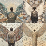 **Human wearing mechanical wings surrounded by manifold mosaic murmuration --personalize s4a1cl7 --stylize 150 --v 6.1** - <@1262167448971513869> (fast, stealth)