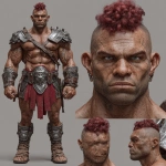 **Character design sheet. Realistic 3d rendering. Character design sheet of a ruggedly handsome, Hyper muscular handsome half orc, bodybuilder, bright silver eyes, short curly red Mohawk, short pointed ears, defined muscles, Huge leg muscles, huge pectoral muscles, big arm muscles, vascular hyper muscular, wide Grecian nose, strong square jaw, defined cheek bones, masculine features, freckles, Bodybuilder, short pointed ears, wearing Roman gladiator armor. --v 7.0** - Image #3 <@1222981214734913607>