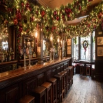 **traditional Irish pub decorated for Christmas, hyper-realistic warm interior, wooden bar, dark wood stools, shelves filled with bottles, classic Guinness taps, garlands of evergreen and holly, red and gold baubles hanging from the ceiling, dense twinkling fairy lights, cozy festive clutter, vintage signs, soft warm amber glow, textured wooden floor, frosted window with soft daylight, no people, inviting and atmospheric, extremely detailed, photo-realistic, cinematic lighting, symmetrical composition, static camera, perfect for seamless looping --ar 16:9 --no people --no motion --chaos 10 --raw** - Image #2 <@1037124382050492508>