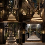 **Architectural rendering of a spectacular outdoor staircase leading to the "ALQUIMIA Café & Bar," a clandestine-style entrance with a mysterious and elegant atmosphere, a narrow hallway with stairs, warm lighting, brass and matte black details, decorated walls, no roof, open sky with soft ambient light, a discreet gold sign at the top, plants and artistic lighting accents on the sides, cinematic composition, artistic and intriguing design that feels secretive yet rigid, ultra-realistic rendering.** - <@1175115063670087744> (fast)