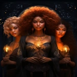 **Dark Goddess Book of Spells cover, three powerful dark goddesses standing together, one Asian, one Black, one White with flowing red hair, mystical and ethereal atmosphere, occult symbolism, moon phases, gothic witchcore aesthetic, ornate arcane sigils, glowing candles, dark enchanted forest background, rich parchment tones, highly detailed, intricate, dramatic lighting, fantasy realism, symmetrical composition --ar 17:22 --v 5.2** - Image #2 <@1193645643839848488>