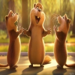 **A 3-view character turnaround of a cute and silly-looking anthropomorphic cartoon beaver, shown in front view, side view, and back view, with very soft and finely detailed fluffy fur, big round eyes with an innocent expression, a wide open-mouthed smile showing small teeth, chubby rounded body, short limbs, and a large flat tail in the back view. The lighting is warm and gentle, with consistent proportions, set on a beige background with horizontal guide lines, clean and high-resolution illustration --v 6.0 --ar 16:9 --sref <https://s.mj.run/SdG-GUEyRSw> --sw 100** - Upscaled (Creative) by <@568812885007007745> (fast)