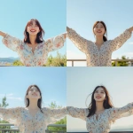 **A young and beautiful Korean woman standing outdoors, arms spread wide with a radiant smile, her face expressing pure joy and freedom. She is wearing a light floral-patterned blouse, complementing the warm, sunny atmosphere. The background features a clear blue sky, subtle greenery, and a simple railing, symbolizing openness and escape. The natural lighting highlights her cheerful expression and youthful energy, creating a vibrant and uplifting mood. Cinematic** - <@656836270752006172> (fast)