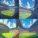 **a large football stadium with lush green grass, the stands filled with fans in orange and blue seats, a bright sunny day, in the style of anime. --ar 16:9** - <@847316063481102406> (fast)